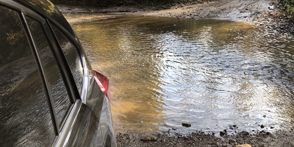 Fording a stream in the Subaru to get to Miller Fork