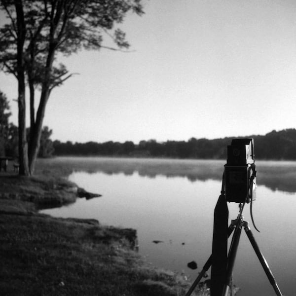 Taking photos of Silver Creek Lake with a Rolleiflex Automat at sunrise