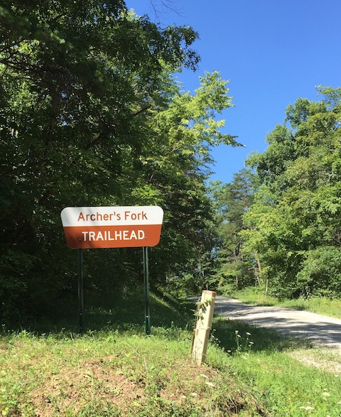 Archer's Fork Trailhead sign, August 2016